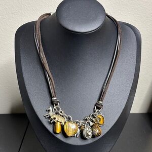 Tiger’s Eye Precious Stone Brown Leather Necklace Gold Silver Animal Charms